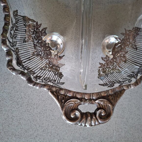 Vintage Silver Overlay Divided Glass Serving Dish with Ornate Handles - Picture 4 of 5